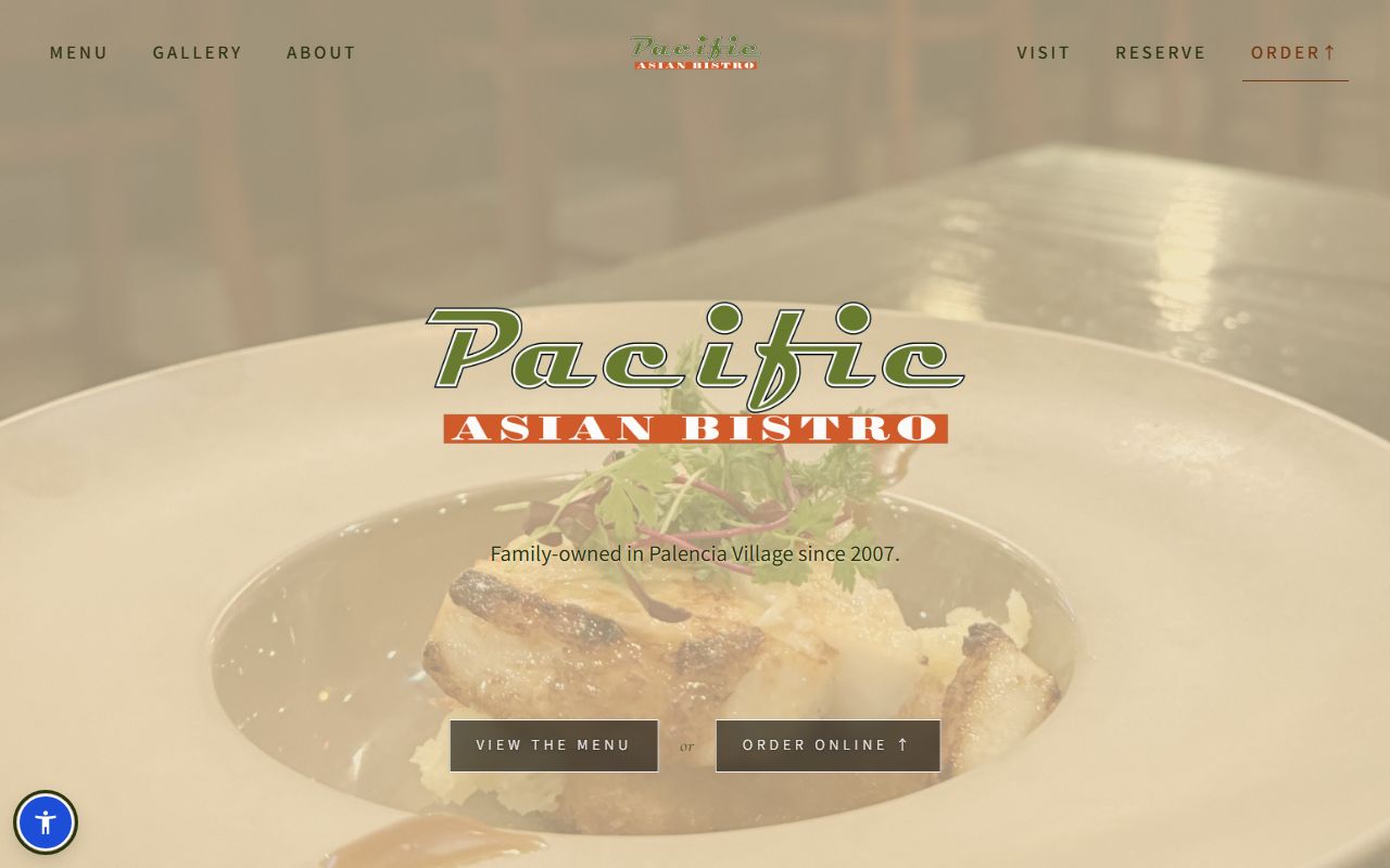 Homepage of Pacific Asian Bistro, a restaurant website with menu and ordering